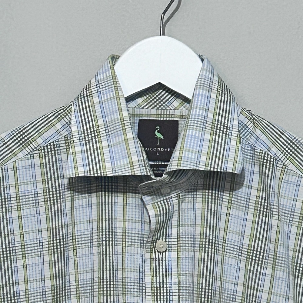TailorByrd Men's L Plaid Dress Shirt Green Blue‎ 100% 2-Ply Cotton Hong Kong